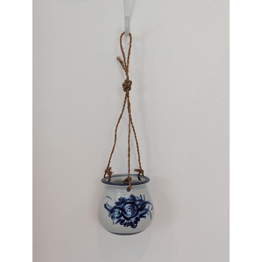 Ceramic Hanging Planter, Cobalt Blue Design, Japan Made, Boho Grandmillennial - Picture 2 of 11